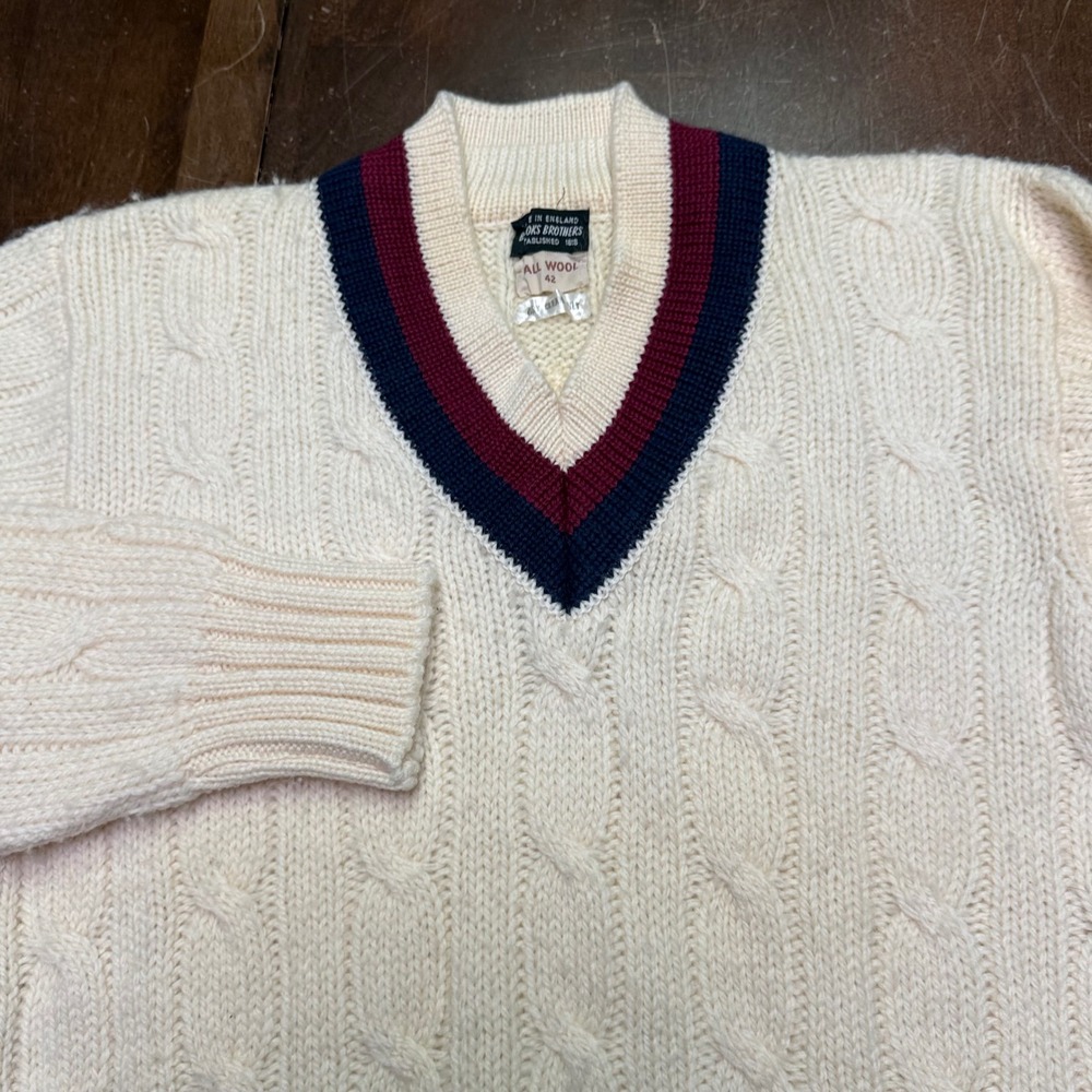 Vtg Brooks Brothers Tennis Cricket Sweater M 42 Cable Knit Wool V-Neck England